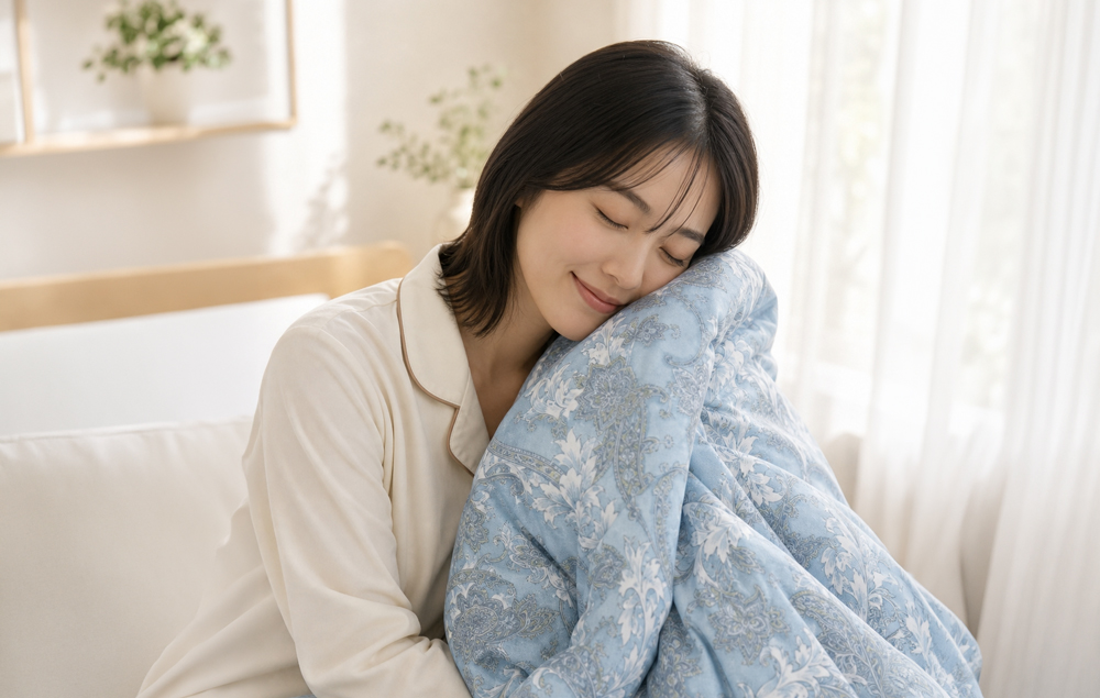 ベッドに広げた洗えるダウンケット